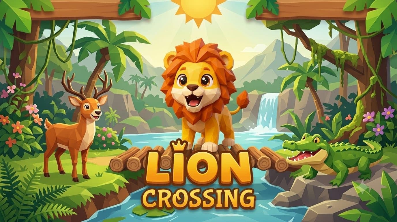 Lion Crossing - a cartoon lion walking over a wooden bridge in the jungle